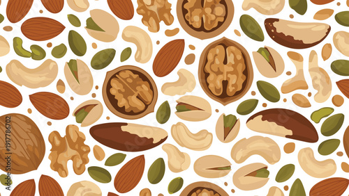 Seamless pattern features an abundance of various nuts and seeds including walnuts almonds pistachios and cashews on a white surface.