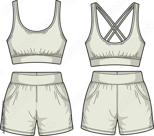 Women sports bra and shorts vector illustration set, casual fitness activewear outfit mockup, front back view, isolated white background