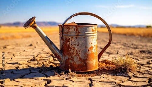 A stark, detailed photographic capture by FlyPro Firefly showcasing a dilapidated watering can with prominent rust spots, lying on its side on severely dry, cracked ground.
