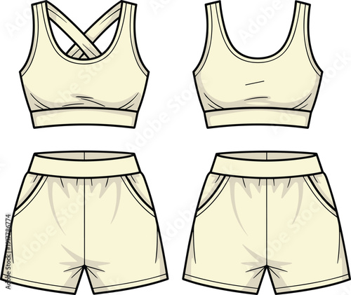Women sports bra and shorts vector illustration set, fitness activewear outfit mockup, casual workout clothing, isolated white background design
