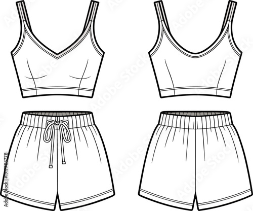 Women sports bra and shorts outline vector set, fitness lounge outfit technical drawing, casual activewear mockup, isolated white background