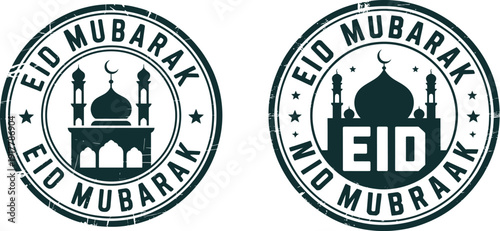 Eid Mubarak greeting card with mosque silhouette under crescent moon and starry night sky vector illustration