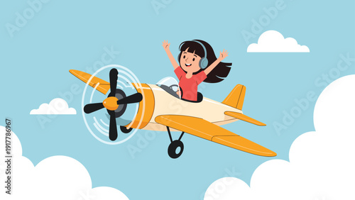 Young girl joyfully flies a small yellow propeller airplane through the blue sky with white clouds while wearing pilot headphones.