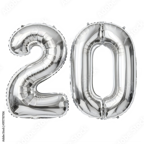 Silver balloon numbers 20 isolated on transparent background