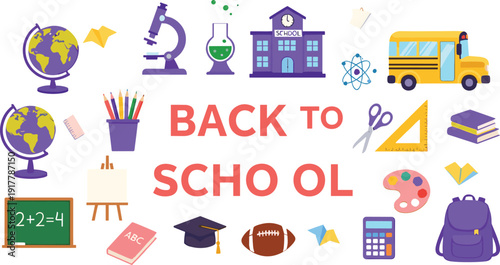 Flat vector illustration set of back to school elements including school bus globe microscope backpack books calculator blackboard and various classroom stationery supplies.