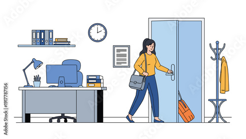 Businesswoman happily leaves her office with a suitcase and bag while closing the door to head out for a business trip or vacation.