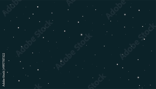 Dark night sky with scattered bright stars. Minimal cosmic background with small glowing lights. Space texture for wallpaper banner poster web design and astronomy themed.