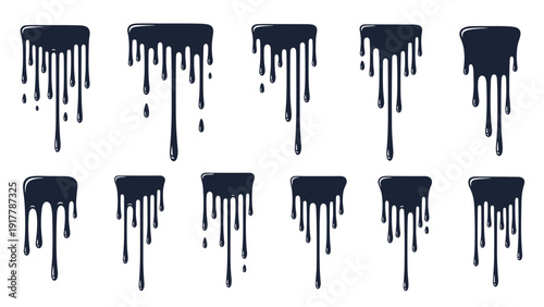 Extensive set of black liquid drip or paint drip icons with various flow lengths and viscosities isolated on a white background for graphic design.
