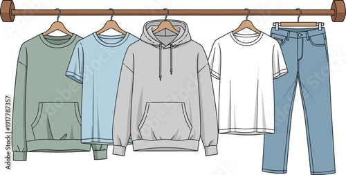 Casual clothing rack vector illustration, hoodie t shirt jeans outfit collection, modern wardrobe fashion mockup, isolated white background
