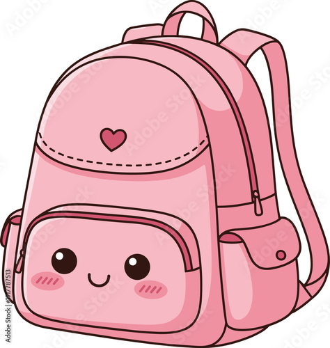 Cute pink backpack vector illustration, kawaii school bag with smiling face, adorable kids travel rucksack, isolated cartoon fashion accessory