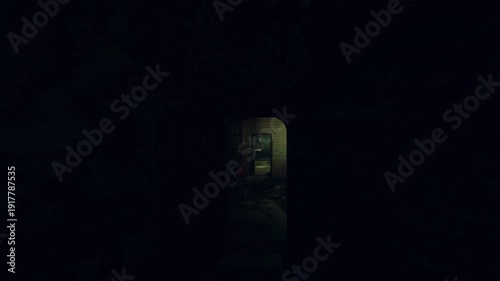 subterranean flooded tunnel with pipes, murky water pooling and reflective surface, sedimentcoated walls and algae streaks, soft echoing drips and shadowed