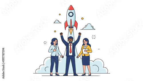 Excited business team of three people celebrating a successful rocket launch symbolizing a new project startup or financial growth and achievement.