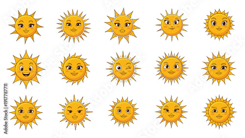 Set of fifteen cute sun characters with different facial expressions and sunbeam styles ranging from simple lines to decorative rays and curls.
