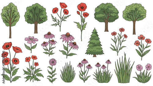 Collection of diverse nature elements including various trees, flowers like poppies and coneflowers, and grass patches for creating outdoor scenes.
