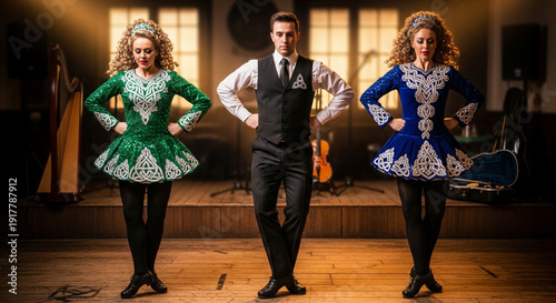 Three Irish dancers posing on a wooden stage in traditional costumes