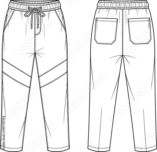 Jogger pants technical fashion illustration, front and back view casual trousers vector template, elastic waist streetwear flat sketch