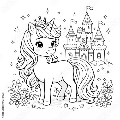 Magical unicorn standing proudly in front of a fairy tale castle