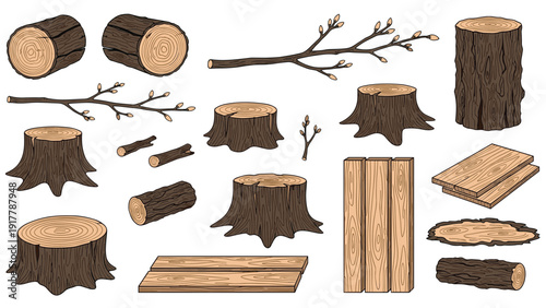 Collection of wood-related objects including logs, tree stumps with rings, cut branches, and timber planks in a detailed hand-drawn vector style.