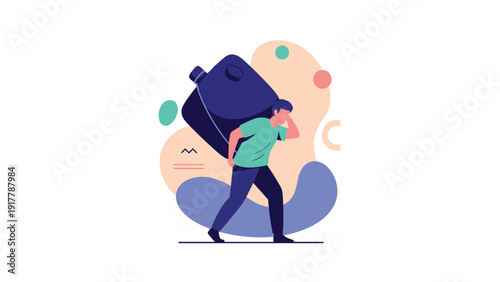 Man carrying a massive dark container or backpack on his back symbolizing a heavy burden, hard work, or moving large objects in a flat design style.