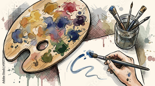 Artistic Illustration of a Creative Hand Painting on Paper with a Colorful Palette and Brushes