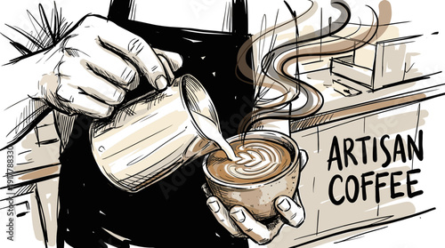 Barista Hands Pouring Steaming Milk for Detailed Latte Art in Artisan Coffee Shop