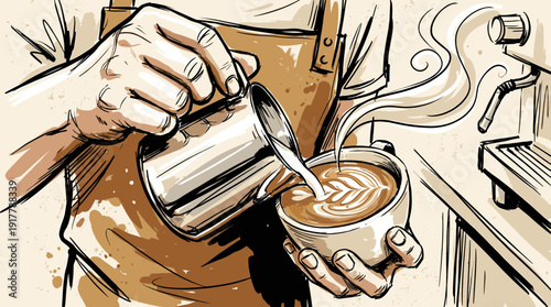 Barista Pours Beautiful Latte Art into a Cup of Coffee Using Steamed Milk