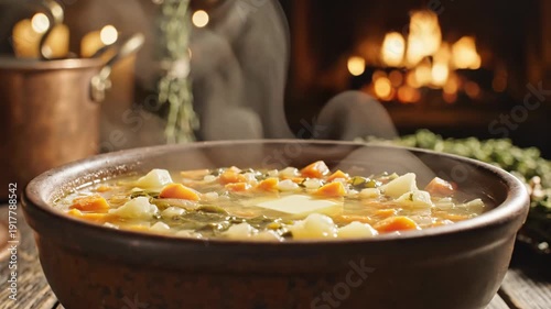 Steaming Bowl of Hearty Vegetable Soup by a Cozy Fireplace.