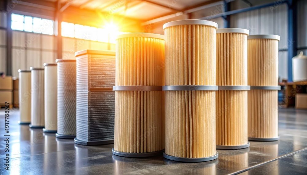 Obraz premium FlyPro Firefly High-efficiency Particulate Air HEPA filter replacements neatly stacked in a well-lit industrial environment, captured with professional camera quality.