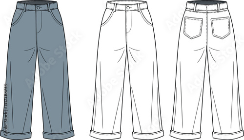 Wide leg jeans technical fashion illustration, front and back view denim pants vector template, casual apparel flat sketch design