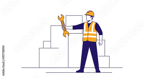 Industrial Professional in Safety Vest and Hard Hat Holding Wrench for Construction and Repair