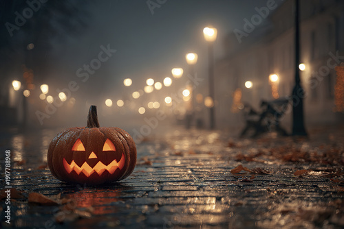 Jack o lantern glowing on wet cobblestone street at night with blurred street lamps and autumn leaves creating spooky and festive atmosphere