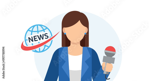 Female journalist reporting live with microphone, representing global news and media communication
