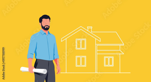 Architect holding blueprints in front of a house illustration on a yellow background