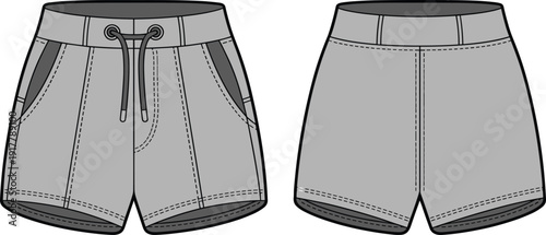 Women casual shorts vector illustration, front back view fashion mockup, drawstring waist summer clothing template, isolated white background