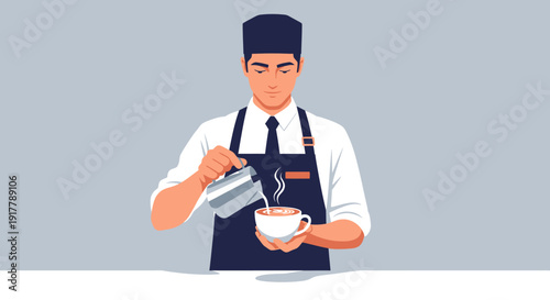 Barista pouring latte art into a coffee cup in a minimalist illustration