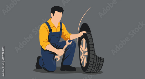 Skilled Automotive Mechanic Performing Essential Vehicle Tire Maintenance and Inspection with Wrench, Flat Design Illustration