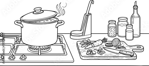 Black and white vector line art illustration of home cooking scene featuring a boiling pot on gas stove, cutting board with fresh vegetables, knife, spices, and olive oil bottle