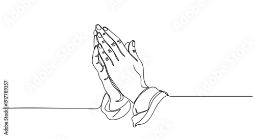 Minimalist illustration of folded hands in prayer, rendered in a single continuous black line. Suitable for religious, spiritual, or contemplative themes. Vector illustration for easy scalability.