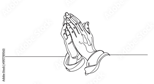 Minimalist illustration of hands clasped in prayer, drawn in a single continuous line. Symbolizes faith, hope, gratitude. Ideal for religious materials, spiritual content, design concepts.