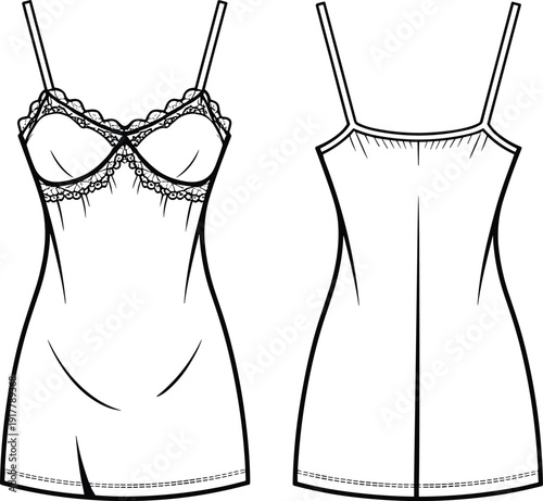 Women lace lingerie nightdress vector illustration, elegant sleeveless slip dress mockup, fashion sleepwear design, isolated white background template