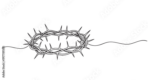 A simple, minimalist black and white line drawing of the Crown of Thorns, symbol of sacrifice. Use for religious materials, Easter concepts, or graphic designs.