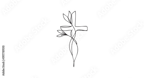 Elegant, minimalist line art illustration of a Christian cross intertwined with stylized leaves.  Suitable for Easter, faith-based projects, or simple design elements.