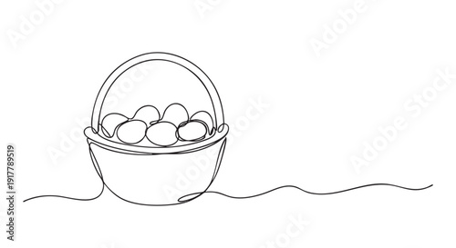 Minimalist one line drawing of a basket full of Easter eggs on a white background. Perfect for Easter themed graphics, cards, and social media posts.