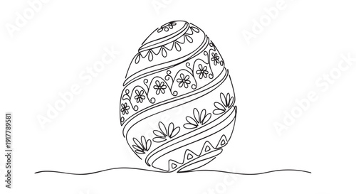 One line drawing of a decorated Easter egg. Great for Easter cards, invitations, and graphic design projects. Simple and elegant, with room for text overlay.