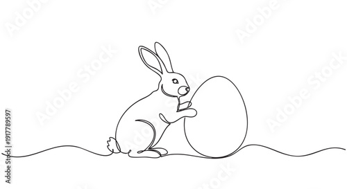 A simple one-line drawing of an Easter bunny standing next to an Easter egg. Clean and modern style, good for Easter cards, invitations, or decorations.