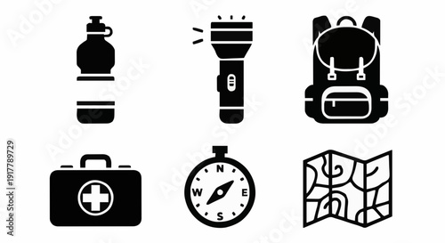 Essential survival gear icons featuring water bottle, flashlight, backpack, first aid kit, compass, and topographic map for outdoor adventure.