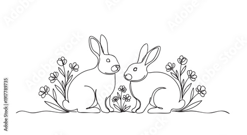 Minimalist black and white line art drawing of two rabbits sitting among wildflowers. Use for Easter, spring, greeting cards, or simple, elegant designs.