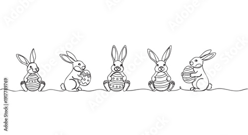Minimalist vector illustration of Easter bunnies with decorated eggs, drawn with a single line. Ideal for greeting cards, posters, and holiday-themed designs.