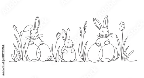 Minimalist Easter illustration featuring three bunnies sitting among tulips and grass, drawn in single continuous line style. Suitable for cards, invitations, designs.