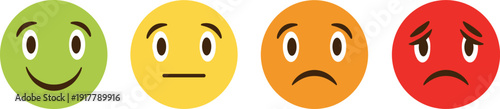 Horizontal customer sentiment emoji scale from happy to sad in flat vector style,